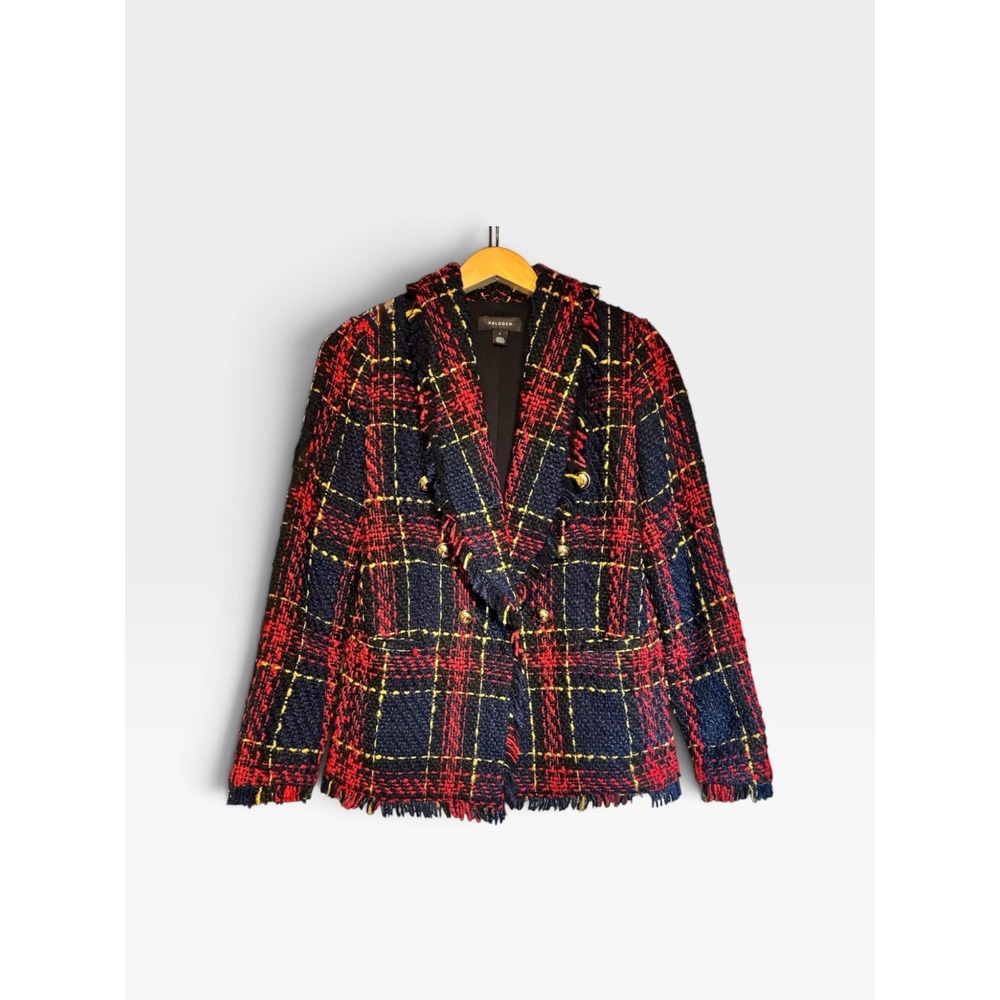 Halogen Plaid Tweed Blazer Jacket Women S Navy Red Gold Buttons Fringe